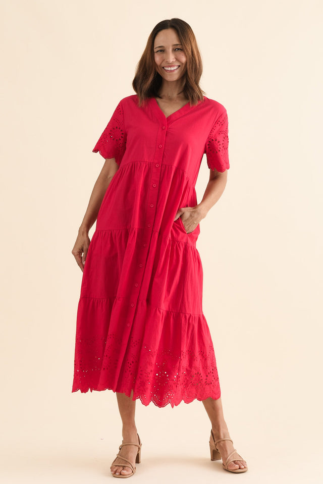 Lilith Red Embroidered Cotton Dress,Full Body,Brunette model,alt text|model:Cara image 4