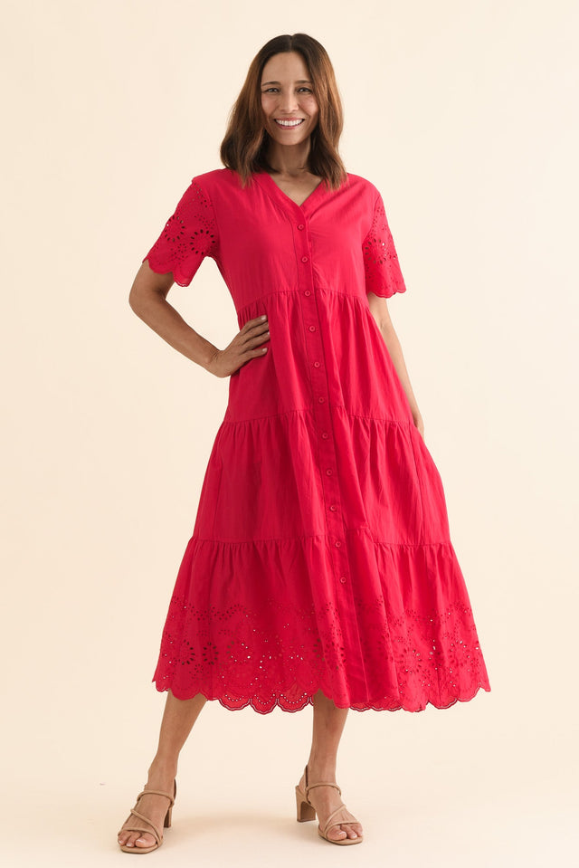 Lilith Red Embroidered Cotton Dress,Front,Brunette model,alt text|model:Cara
