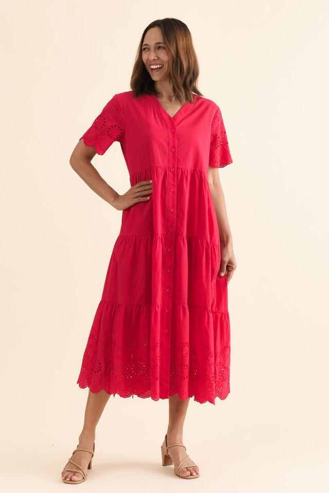 Lilith Red Embroidered Cotton Dress,Full Body,Brunette model,alt text|model:Cara image 8