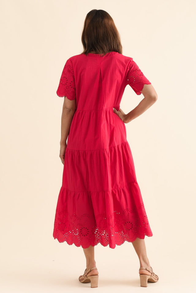 Lilith Red Embroidered Cotton Dress,Back,Brunette model,alt text|model:Cara image 6