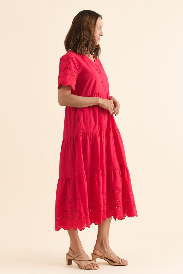 Lilith Red Embroidered Cotton Dress,Side,Brunette model,alt text|model:Cara image 5