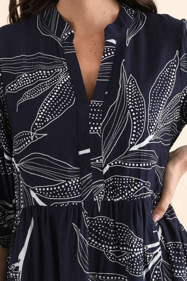 Lillian Navy Leaf Tier Dress,Detail,Brunette model,alt text|model:MJ image 5