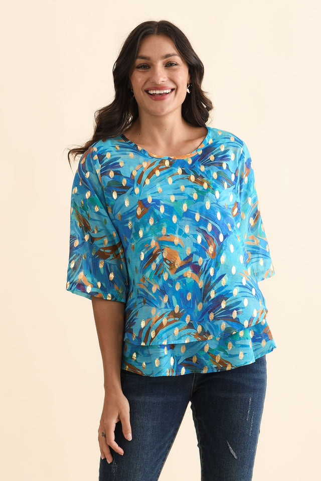 Liora Aqua Burst Foil Layered Top,Brunette model,alt text|model:Brontie image 1