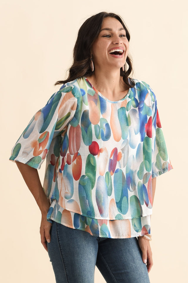 Liora Blue Abstract Layered Top,Brunette model,alt text|model:Brontie image 4