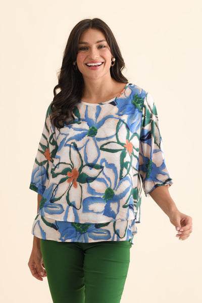Liora Blue Flower Layered Top