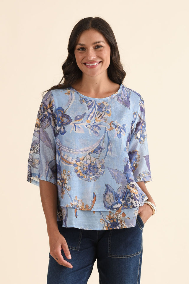 Liora Blue Meadow Layered Top,Front,Brunette model,alt text|model:Brontie