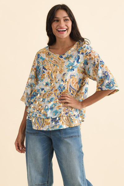 Liora Blue Paisley Foil Layered Top