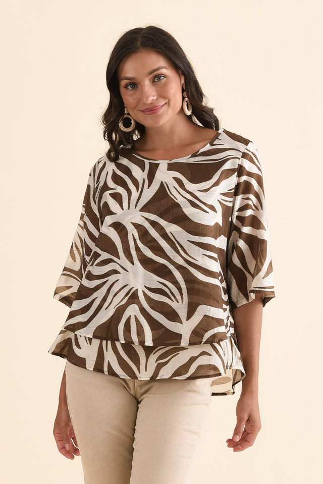 Liora Chocolate Leaf Layered Top,Front,Brunette model,alt text|model:Brontie