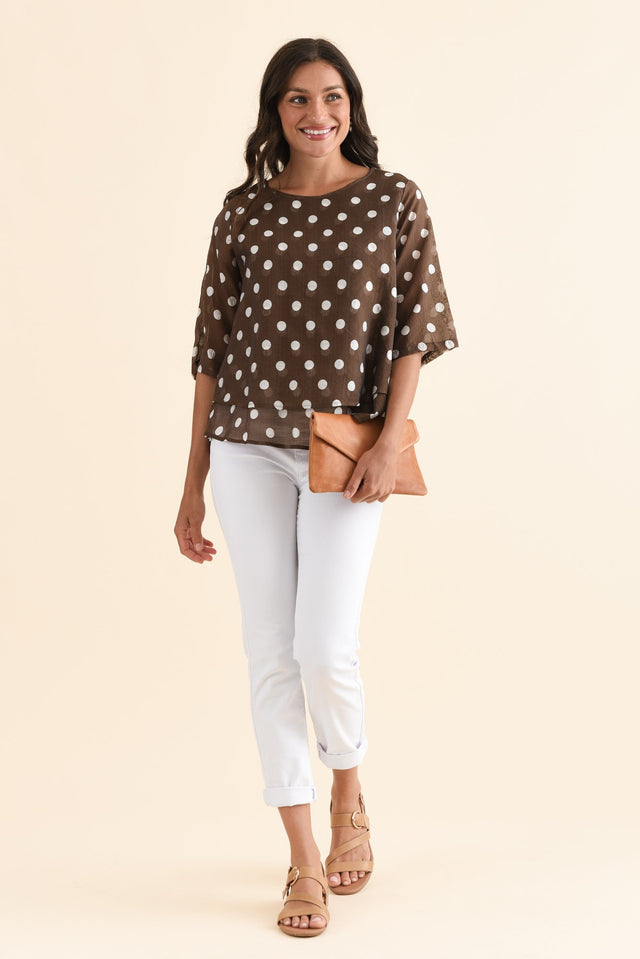 Liora Chocolate Spot Layered Top,Full Body,Brunette model,alt text|model:Brontie