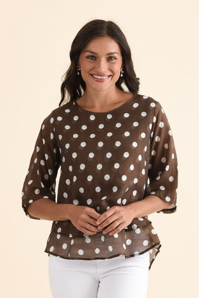 Liora Chocolate Spot Layered Top,Front,Brunette model,alt text|model:Brontie