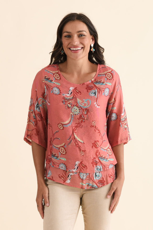 Liora Coral Floral Layered Top,Front,Brunette model,alt text|model:Brontie