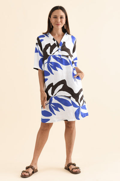Lisbon Blue Leaf Linen Collared Dress