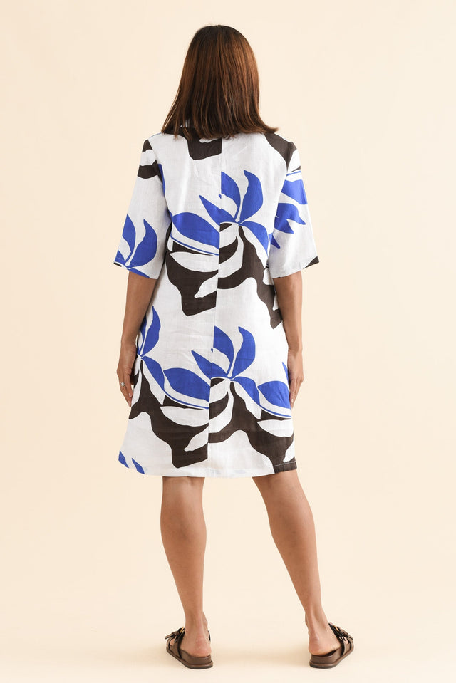 Lisbon Blue Leaf Linen Collared Dress,Back,Brunette model,alt text|model:Cara image 4