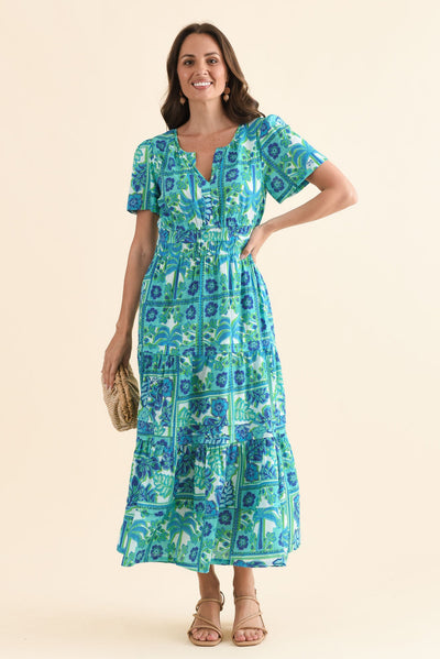 Lixon Aqua Tile Cotton Midi Dress