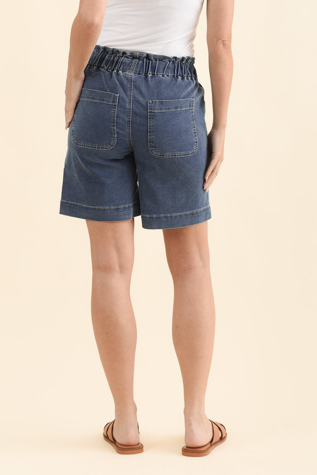 Lizzy Dark Blue Denim Drawstring Shorts,Brunette model,alt text|model:MJ image 5