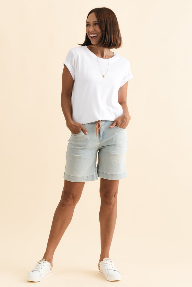 Lizzy Light Blue Denim Drawstring Shorts,Brunette model,alt text|model:Cara image 9