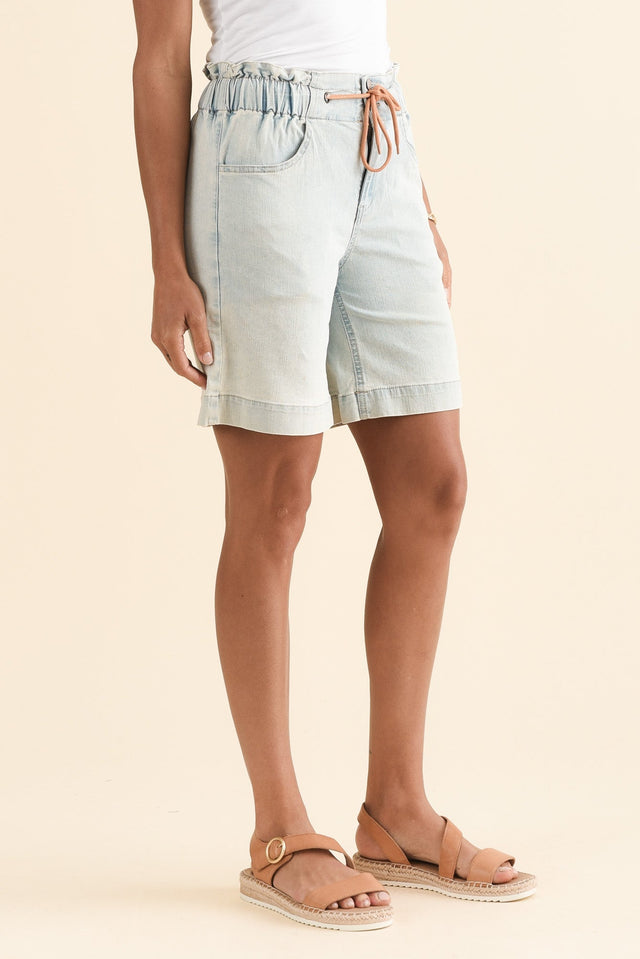 Lizzy Light Blue Denim Drawstring Shorts,Side,Brunette model,alt text|model:Brontie image 5