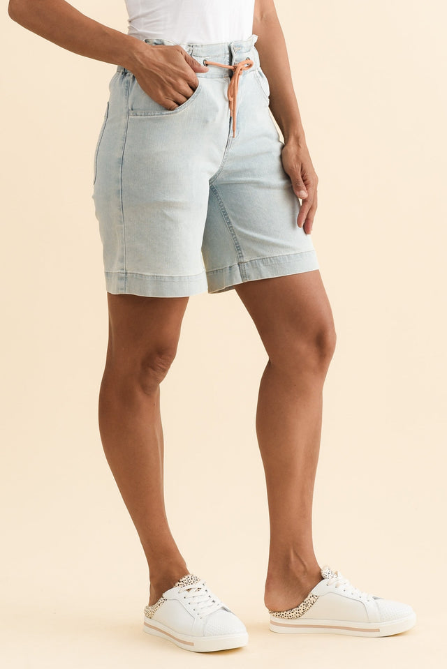 Lizzy Light Blue Denim Drawstring Shorts,Brunette model,alt text|model:Cara image 6
