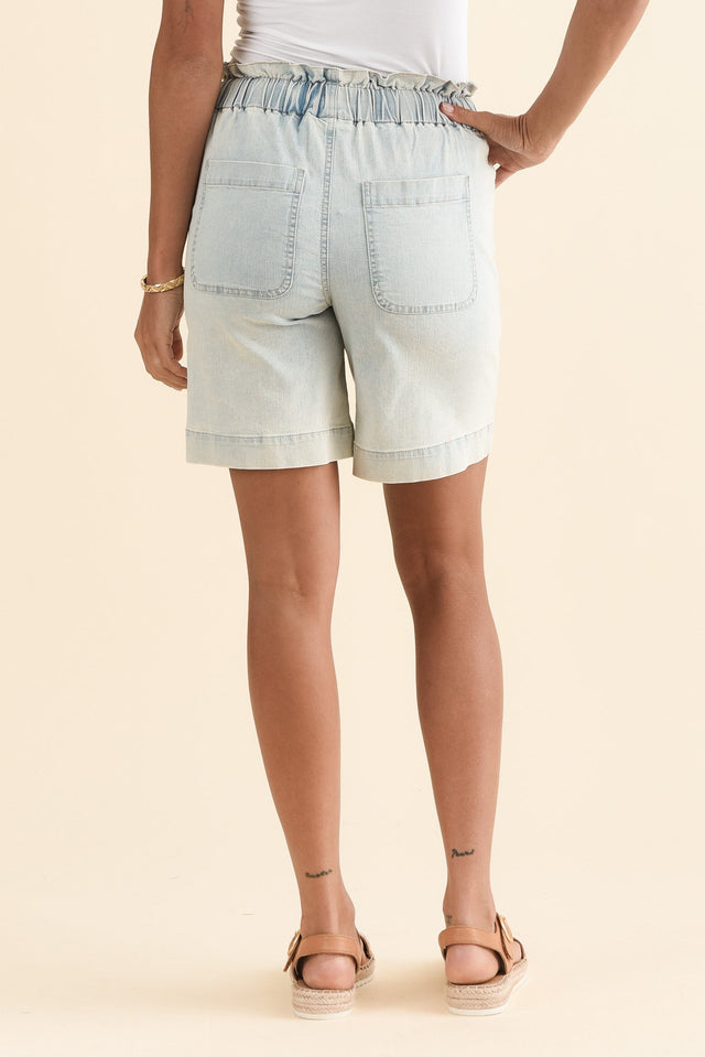 Lizzy Light Blue Denim Drawstring Shorts,Back,Brunette model,alt text|model:Brontie image 6