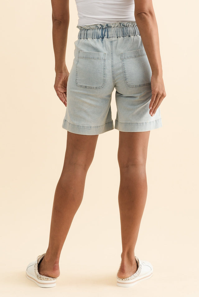 Lizzy Light Blue Denim Drawstring Shorts,Brunette model,alt text|model:Cara image 7