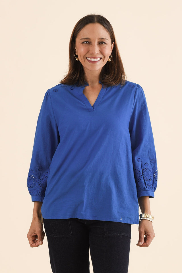 Loretta Cobalt Cotton Embroidered Blouse,Front,Brunette model,alt text|model:Cara image 1