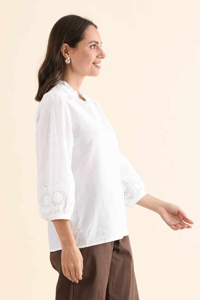 Loretta White Cotton Embroidered Blouse,Side,Brunette model,alt text|model:MJ image 4