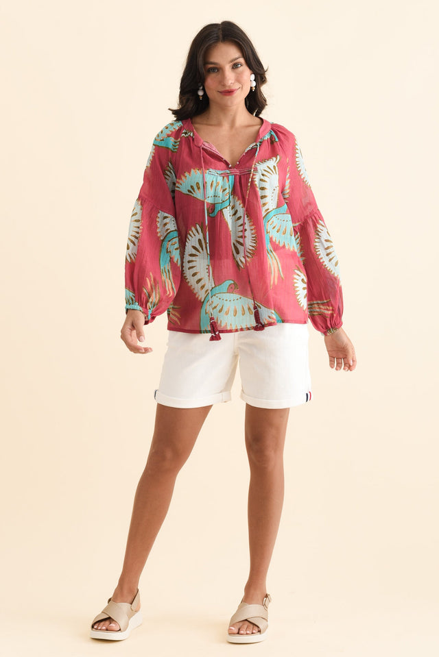 Lorrini Red Bird Cotton Tassel Top,Brunette model,alt text|model:Brontie image 7