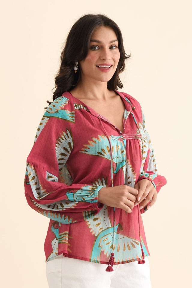 Lorrini Red Bird Cotton Tassel Top,Brunette model,alt text|model:Brontie image 4