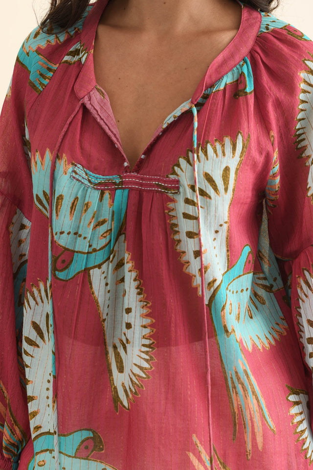 Lorrini Red Bird Cotton Tassel Top,Brunette model,alt text|model:Brontie image 6