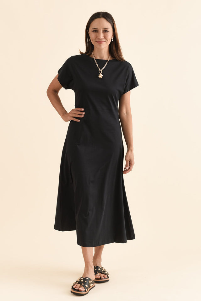 Lottie Black Cotton Boatneck Dress,Front,Brunette model,alt text|model:Cara