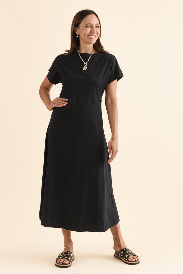 Lottie Black Cotton Boatneck Dress,Full Body,Brunette model,alt text|model:Cara image 6