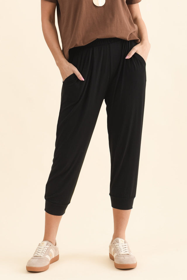Louis Black Cropped Jogger Pants,Front,Brunette model,alt text|model:MJ image 1