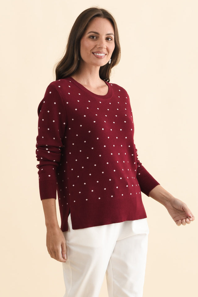 Louis Burgundy Spot Knit Sweater,Brunette model,alt text|model:MJ image 5