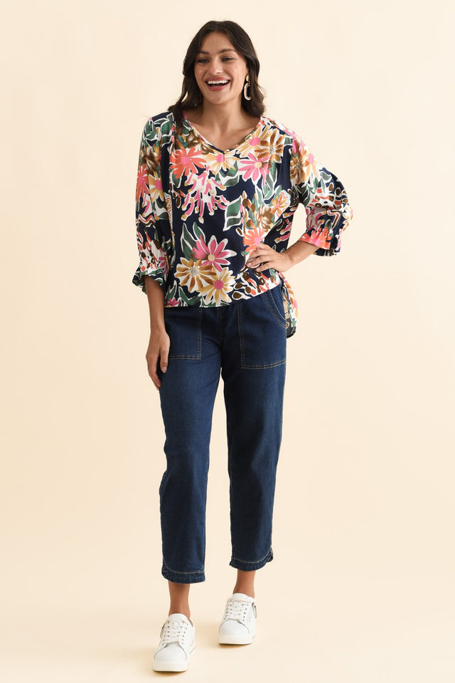 Lourdes Navy Floral Frill Sleeve Top,Brunette model,alt text|model:Brontie image 7