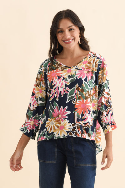 Lourdes Navy Floral Frill Sleeve Top