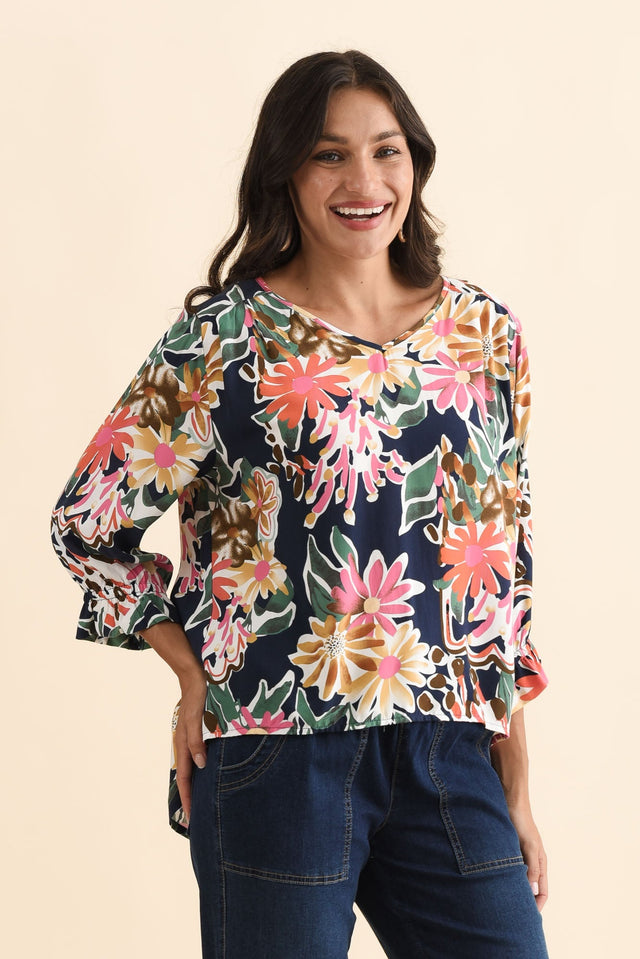 Lourdes Navy Floral Frill Sleeve Top,Brunette model,alt text|model:Brontie image 4