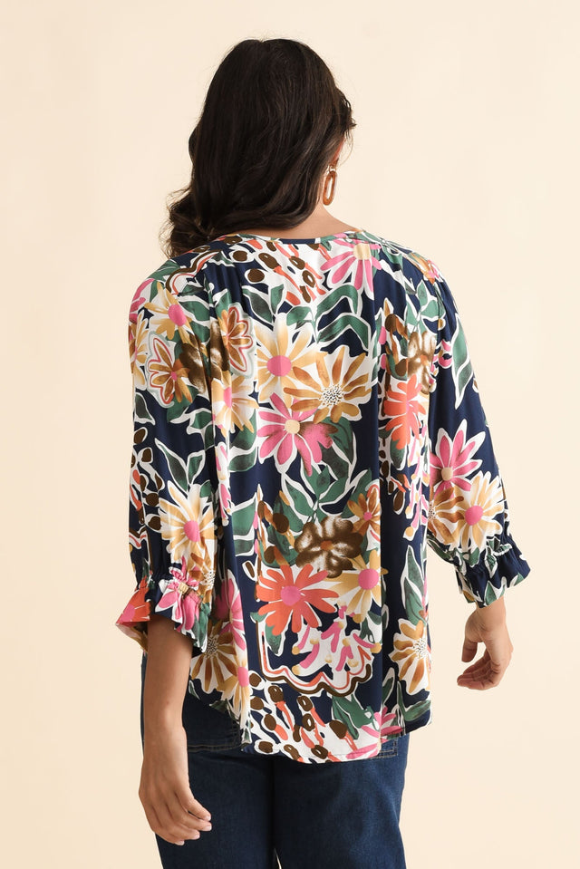 Lourdes Navy Floral Frill Sleeve Top,Brunette model,alt text|model:Brontie image 5