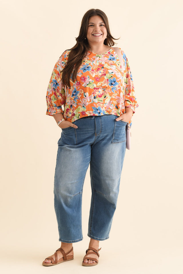 Lourdes Orange Floral Frill Sleeve Top,Brunette model,alt text|model:Gabby image 10