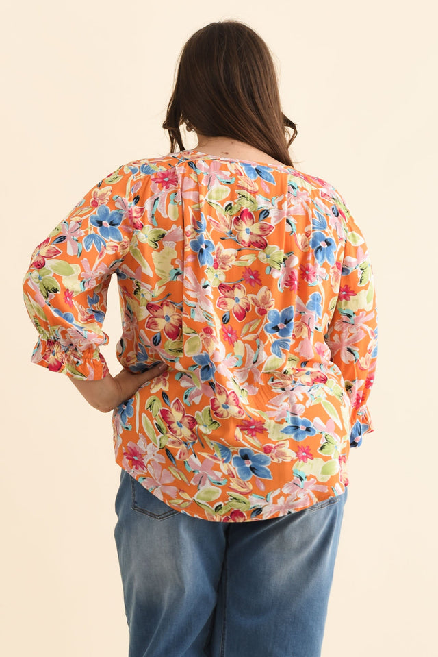 Lourdes Orange Floral Frill Sleeve Top,Brunette model,alt text|model:Gabby image 12