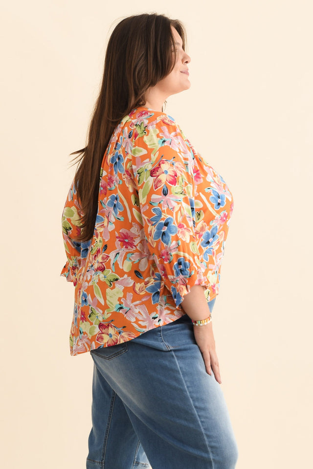 Lourdes Orange Floral Frill Sleeve Top,Brunette model,alt text|model:Gabby image 11