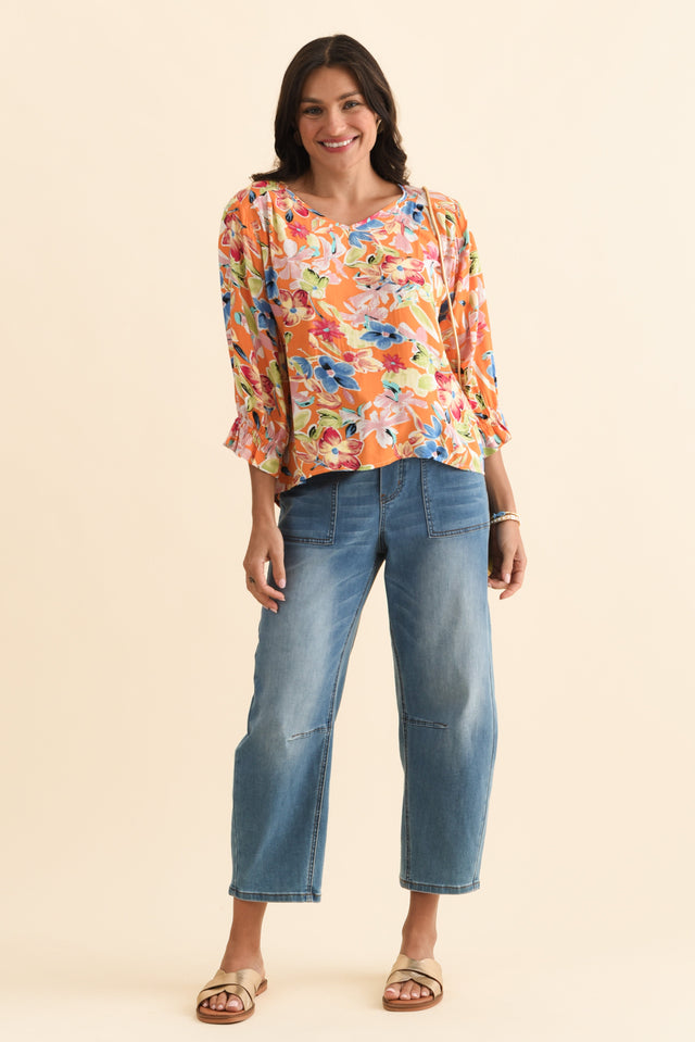 Lourdes Orange Floral Frill Sleeve Top,Brunette model,alt text|model:Brontie image 8
