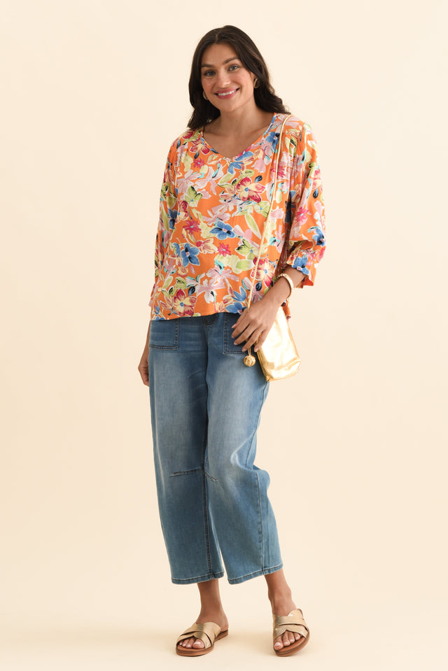 Lourdes Orange Floral Frill Sleeve Top,Brunette model,alt text|model:Brontie image 4