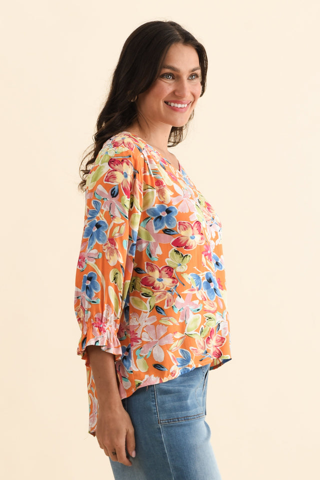 Lourdes Orange Floral Frill Sleeve Top,Brunette model,alt text|model:Brontie image 5