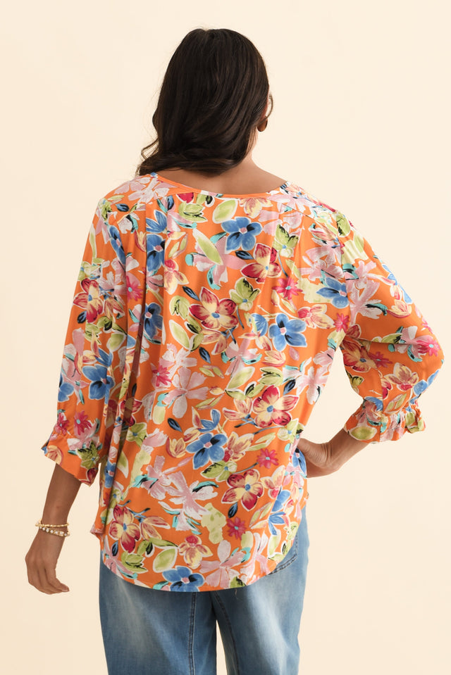 Lourdes Orange Floral Frill Sleeve Top,Brunette model,alt text|model:Brontie image 6