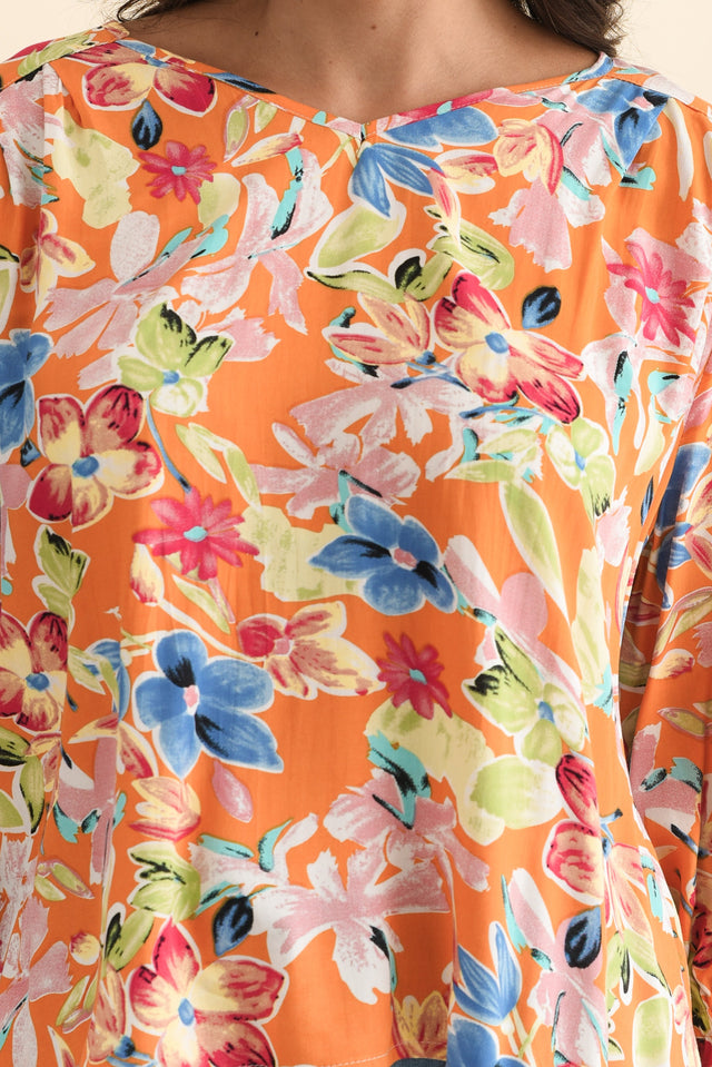 Lourdes Orange Floral Frill Sleeve Top,Brunette model,alt text|model:Brontie image 7