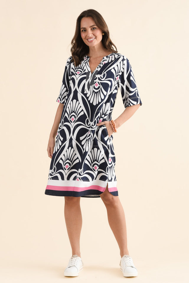 Lovella Navy Abstract V Neck Dress,Full Body,Brunette model,alt text|model:MJ image 2