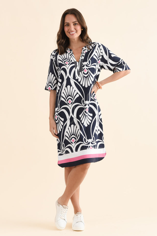 Lovella Navy Abstract V Neck Dress,Full Body,Brunette model,alt text|model:MJ image 6