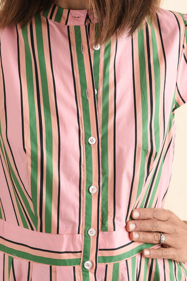Luanne Green Stripe Cotton Button Dress,Detail,Brunette model,alt text|model:Cara image 5
