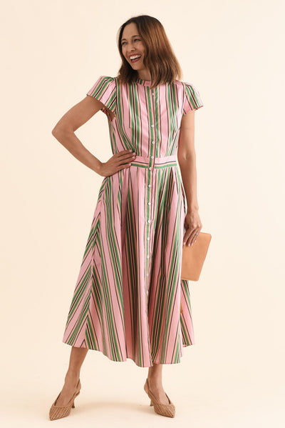 Luanne Green Stripe Cotton Button Dress