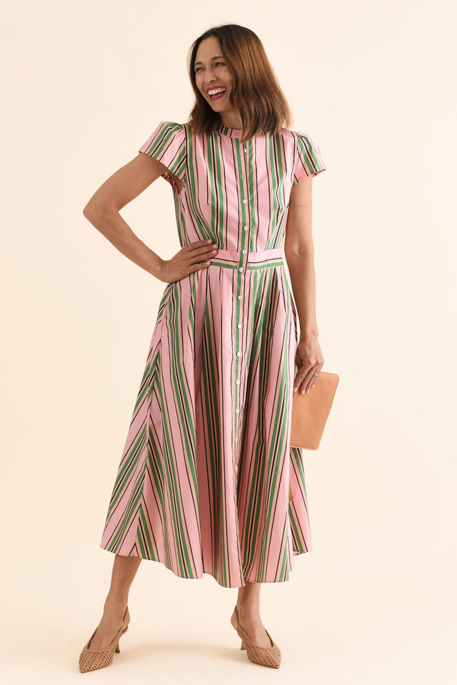 Luanne Green Stripe Cotton Button Dress,Front,Brunette model,alt text|model:Cara